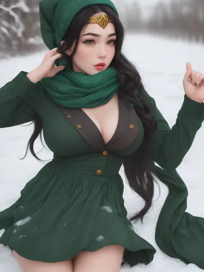 snwangl2023, 1girl,wonder woman, black hair, santa hat,  lying in snow,  8k, uhd, best quality, trending on arstation, photorealistic, masterpiece, raw image, skin pores, detailed skin, award winning photo, full body, making snow angels, perspective, toned body, large breasts, festive, beautiful girl. pinup \(style\), green scarf