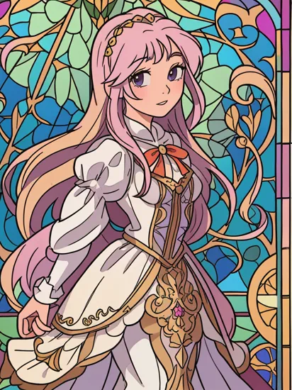 highly detailed, highest quality, masterpiece, Stained Glass Window style, Disney's Rapunzel.  