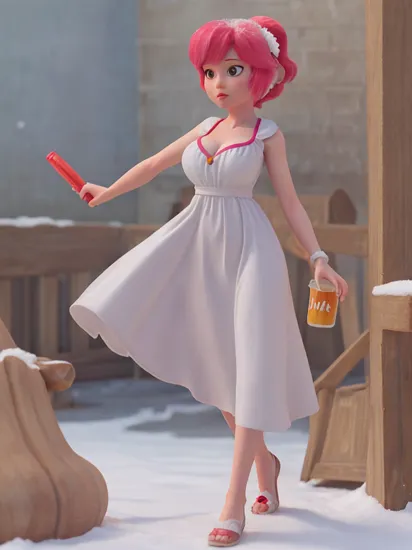 (masterpiece, best quality),(grainy:0.8), (ultra realistic:0.8), (extremely detailed:1.2), perfect anatomy, BREAK girl,pink hair,(((snow white long dress))),wind lift,  (drinking soda:1.2), ponytail, hair flower accessory, BREAK detailed summer dress, BREAK beach background, ,((large breasts)),