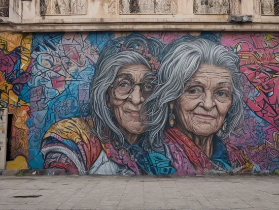 Street photography photo of a graffiti mural, an old woman, outside, outdoors, side of a building, large, huge, ornate, outdoor lighting, best quality, (8k, ultra-detailed)  