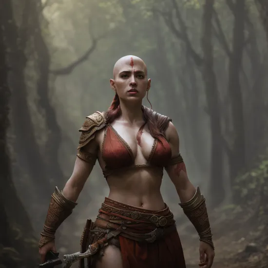 cinematic photo of woman as Kratos god of war, rim light