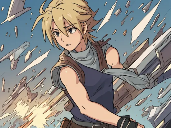 High Quality, Masterpiece, incrsperscutin, , cloud strife, shoulder armor, sleeveless turtleneck, , breaking, shattered,