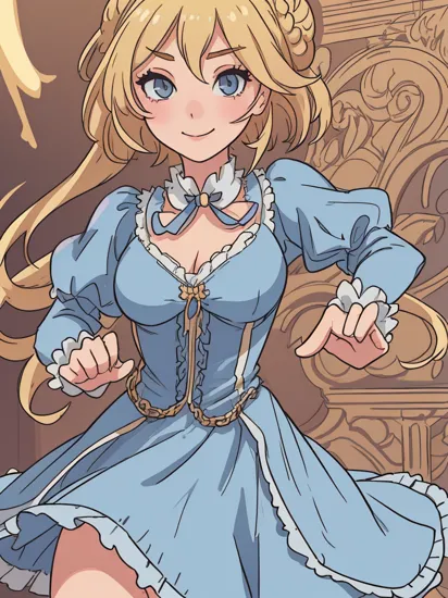 1girl, (CinderellaWaifu), (blonde hair), (single high bun), (blue dress), gloves, jewelry, victorian palace, ballroom, medium breasts, looking at viewer, closed mouth, smile, beautiful lighting, masterpiece, trending on ArtStation, trending on CGSociety, Intricate, High Detail, Sharp focus, dramatic lighting, illustration, digital art, by artgerm, by Liang Xing, by WLOP