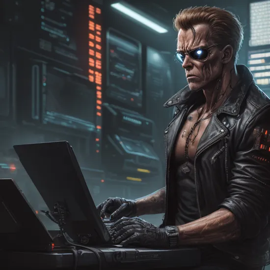 The terminator sitting at a computer, (scratching head:1.2), confused, cyborg, cyberpunk, dark, scary, horror, hyperdetailed, 8k, (SDXL interface on the computer screen:1.2), trending on artstation