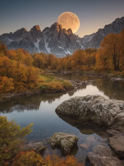 photo RAW,(autumn,sunrise,mountains and a lake with a moon in the sky, 4k highly detailed digital art, 8k hd wallpaper very detailed, impressive fantasy landscape, sci-fi fantasy desktop wallpaper, 4k detailed digital art, sci-fi fantasy wallpaper, epic dreamlike fantasy landscape, 4k hd matte digital painting, 8k stunning artwork,Realistic, realism, hd, 35mm photograph, 8k), masterpiece, award winning photography, natural light, perfect composition, high detail, hyper realistic, (composition centering, conceptual photography)