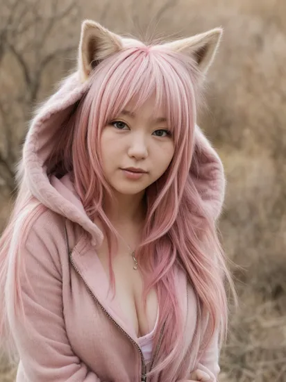 portrait photography, nazuna_hiwatashi, hoodie, medium breasts, pink hair, (streaked hair), cowboy shot, fox girl, pink fur, <lyco:NazunaHiwatashi-LoCon-DIM16-V1-000004:0.9>, simple background,