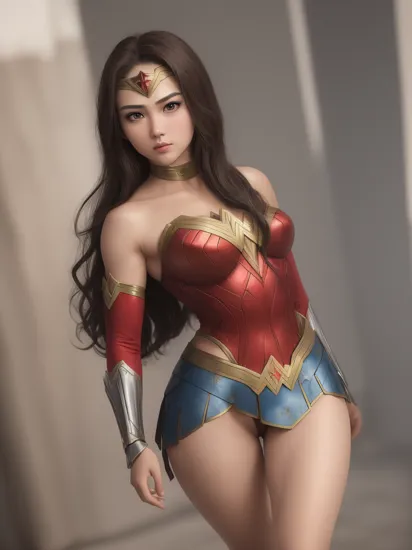 enako wearing wonder woman costume, (8k, RAW photo, best quality, masterpiece:1.2), (realistic, photo-realistic:1.37), best quality, ultra high res, light leaks, dynamic lighting, slim, smooth skin, (pureerosface_v1:1), kpop idol,(beautiful detailed face:1),(freebuffing:1.2), outdoors, ulzzang-6500, 1girl, full body, from front, front view, (round face:1.2), (round chin:1.2), , 