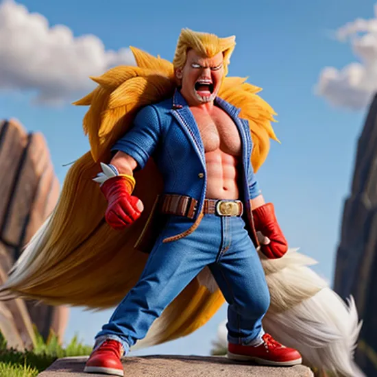 Wolverine Donald Trump, his expression a snarl, with adamantium claws extended, ready for a fight. His yellow and blue suit is a nod to his team, but it's the untamed look in his eyes that speaks of his feral nature and indomitable spirit.