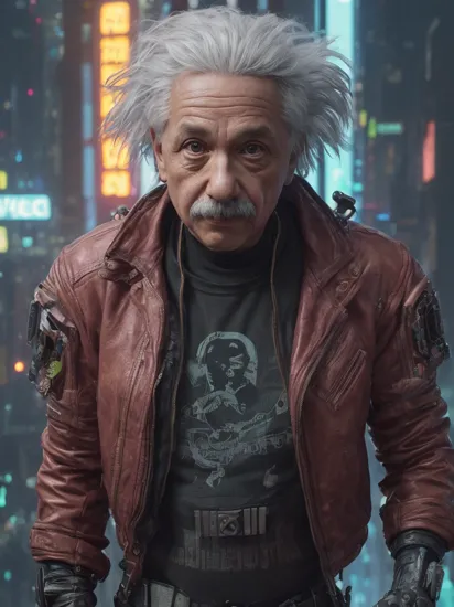 Albert Einstein, (reimagined in a cyberpunk universe), (cyberpunk style), (cyberpunk), (cyberpunk outfit), (punk hair), (augmentation), cybernetics, glowing neon lights, cinematic scene, hero view, action pose, beautiful 8k, detailed background, masterpiece, best quality, high quality, absurdres, vivid., (Extremely Detailed Oil Painting:1.2), glow effects, godrays, Hand drawn, render, 8k, octane render, cinema 4d, blender, dark, atmospheric 4k ultra detailed, cinematic sensual, Sharp focus, humorous illustration, big depth of field, Masterpiece, colors, 3d octane render, 4k, concept art, trending on artstation, hyperrealistic, Vivid colors, extremely detailed CG unity 8k wallpaper, trending on ArtStation, trending on CGSociety, Intricate, High Detail, dramatic, absurdes,