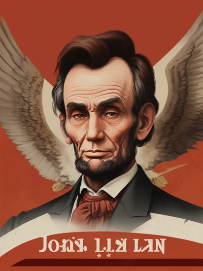 Abraham Lincoln as a dictator on a soviet poster, intense stare, red star on a flag in the background, bald eagles in the sky, in the style of ling1