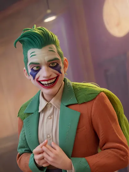 raw, Dappled Light, photo portrait of the The Joker (DC Comics): The Joker's colorful suit, wild green hair, and maniacal grin make him an iconic and recognizable character for cosplay, colorful, realistic round eyes, dreamy magical atmosphere, superheroine costume, (skin texture) (film grain), (warm hue, warm tone:1.2), close up, cinematic light, sidelighting