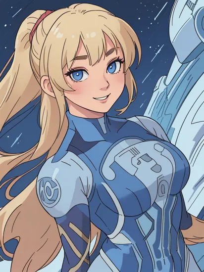 1girl, solo, samus aran, (highly detailed eyes), detailed face, ((round pupils)), intricate details, (blue eyes), (blonde hair), ponytail, (((realistic))), looking at viewer, smile, happy, ((portrait)), (((upper body))), (((zero suit))), ((cartoon)), soft lighting, cityscape, night, ((muscular female)), ((thick arms)), arms behind back, wassnonam-12800