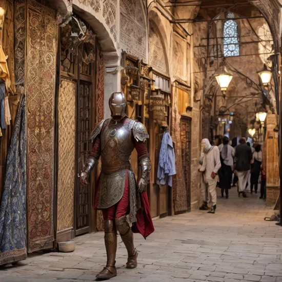 ottoman medieval arabic embroidered armored iron man walks, background  medieval istanbul grand bazaar ottoman