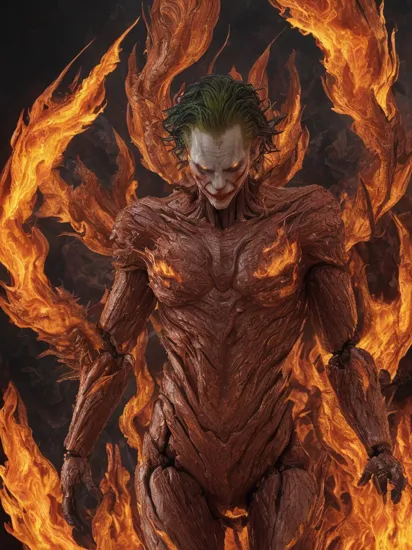 Horror-themed (Masterpiece, high quality, best quality, official art, beauty and aesthetics:1.2),close-up,portrait-painting,(joker \(dc\):1.2),(a humanoid figure covered by flame crystals:1.5),(a body composed of crystals:1.2),
(fire element:1.1),composed of fire elements,burning,transparency,fire,(molten rock),flame skin,flame print,smoke,cloud,(radiant:1.1),(flames soaring:1.2),(reigniting the divine fire:1.2),ukl,,(crystallize:1.3),author: anato finnstark,(black magic),(severe),(complex details),(super detailed),sharp focus,intricacy,surrealism,surrealistic,masterpiece,sharp details,intricacy,highly detailed,colorful,8K,. octane render,highly detailed,volumetric,dramatic lighting,. octane render,highly detailed,volumetric,dramatic lighting,,lava terrain,ral-lava,see-through,dynamic posture, . Eerie, unsettling, dark, spooky, suspenseful, grim, highly detailed