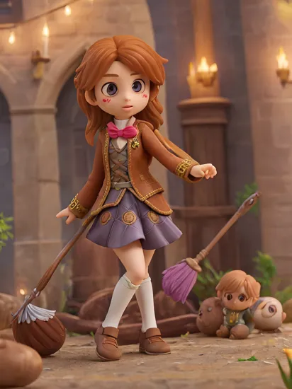 comix style, Hermione Granger flies on a broomstick, Hall at Hogwarts on backgroung, ((((chibi)))), (magical atmosphere), focus on eyes, (((ultradetaled clear eyes))), (detailed skin, skin texture), (intricately detailed, fine details, hyperdetailed), raytracing, subsurface scattering, wide angle, diffused soft lighting, shallow depth of field, by (Oliver Wetter), photographed on a Canon EOS R5, 28mm lens, F/2.8, sharp focus bokeh