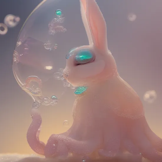 (((biocore bunny octopus bubbles))), proud, ethereal, macro photography, sea glass, microcosmos, selective focus, metallic shell, filigree, fractal sunset, magical ambient , magnificent, celestial, SnowStyle, glass cities
