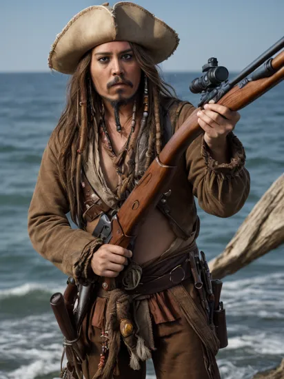 masterpiece, (photorealistic:1.5), best quality, beautiful lighting, real life,
jack sparrow, solo, long hair, brown hair, long sleeves, 1boy, hat, weapon, male focus, outdoors, gun, facial hair, ocean, rope, rifle, beard, watercraft
, intricate, high detail, sharp focus, dramatic, beautiful girl , (RAW photo, 8k uhd, film grain), caustics, subsurface scattering, reflections
