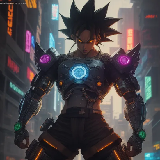 Goku, transformed into a cyberpunk warrior, boasts a robust physique covered in sleek, metallic cybernetic armor, intricately adorned with neon circuitry and pulsating lights. With a cyberpunk visor covering its eyes, it exudes an aura of electrifying power. In its tiny paw, it holds a high-tech energy gun, ready for action in a dynamic pose, showcasing its newfound strength in this cyberpunk world