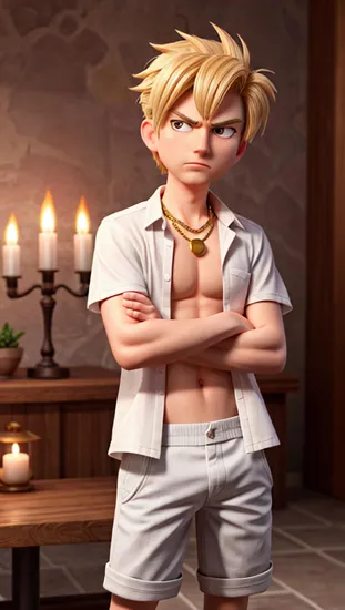 Casual rebel Donald Trump, blond hair, ((relaxed open shirt)), dragon tattoo on the arm, serene backdrop with a fiery essence, cigarette resting casually, confident stance, gold necklace, anime character with a bad-boy charm, thoughtful expression, calm yet assertive aura.