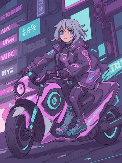 neonpunk style (Lifestyle photography:1.3), (full body portrait:1.4) of Hermione Granger, ewt woman, , silver hair, (riding on futuristic motorbike, high speed action:1.5), (Cyberpunk world, dystopian future:1.5), street in background, (bright neon light, ray traced reflection:1.4), full body framing, long exposure, (in the style of Liam Wong:1.3).  , detailed skin texture, (blush:0.5), (goosebumps:0.5), subsurface scattering . cyberpunk, vaporwave, neon, vibes, vibrant, stunningly beautiful, crisp, detailed, sleek, ultramodern, magenta highlights, dark purple shadows, high contrast, cinematic, ultra detailed, intricate, professional