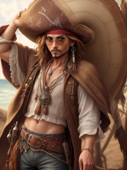 Highly detailed, High Quality, Masterpiece, beautiful, incrsdealwithit, sunglasses, , jack sparrow, brown eyes, hat, brown hair, earrings, hat, pirate, jewelry, shirt, short hair, white shirt,  , cowboy shot,