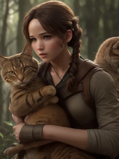masterpiece, best quality, HDR, 8K, the hunger game,photorealistic,  digital photography, highly intricate details, realistic light, shadows, 1 girl, Katniss Everdeen, Jennifer Lawrence, holding a cat