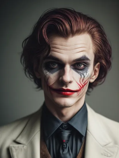 analog style, modelshoot style, photo of sks man dressed like (The Joker:1) by Flora Borsi, style by Flora Borsi, bold, bright colours,  ((Flora Borsi)), 
