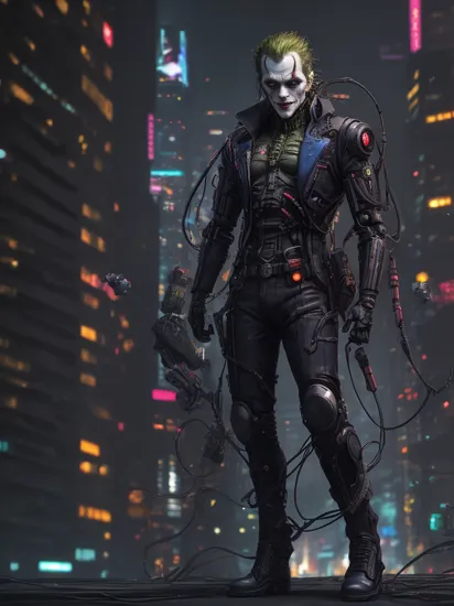 Cyberpunk Style, 1man, Robotic The Joker, full body shot, cyberpunk clothing, male focus, cyberpunk background, robot, science fiction, solo, full body, wires and cables,  