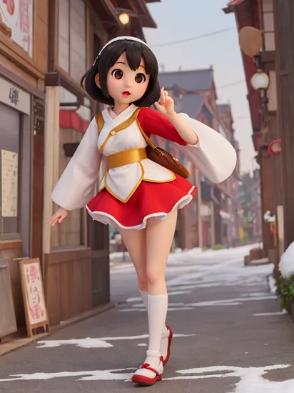 In a fashionable cityscape, there is a very cute Japanese girl with drooping eyes wearing a skimpy Snow White costume.,ziprealism