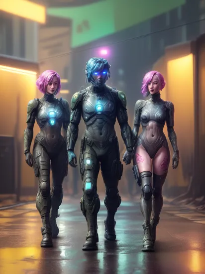 Two people, (glowing tattoos hologram Cortana) kissing (military camouflage colored Master Chief), reimainged in a cyberpunk universe, cyberpunk, cyberpunk style, cyberpunk style art, cyberpunk surroundings, glowing multicolored neon lights, rain, raining, lightning, cinematic scene, detailed background, masterpiece, best quality, high quality, highres, absurdres, 16k resolution   
