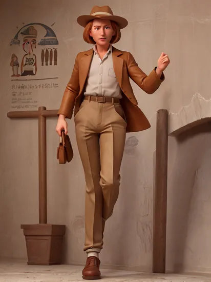1930's style, inside tomb of Egyptian Pharaoh, hieroglyphics on walls, ginger hair, ConnorMaguire, sweaty, in style of Indiana Jones, white cotton dress shirt, ((wearing a brown fedora)), ((brown leather jacket)), ((brown trousers):1.5), cotton trousers, brown socks, holster on belt, pistol, dynamic pose, masterpiece, (((full body portrait))), (full body), wide angle,  