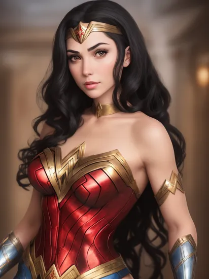 Unleash your inner hero with Sarah wearing an intricately detailed (Wonder Woman cosplay), her (sleek black hair) flowing beneath the iconic tiara.