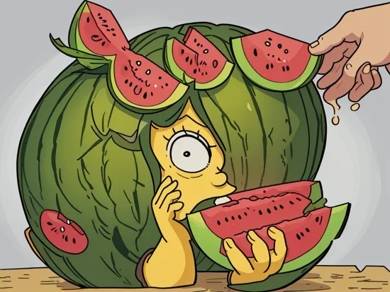 homer simpson eating melon out of his brain, watermelon carving, 