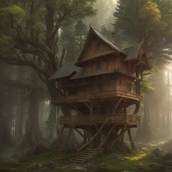 evang, tree house in the forest, atmospheric, hyper realistic, epic composition, cinematic, landscape vista photography by Carr Clifton & Galen Rowell, 16K resolution, Landscape veduta photo by Dustin Lefevre detailed landscape painting by Ivan Shishkin, DeviantArt, Miyazaki, Ghibli, 4k, artstation, unreal engine