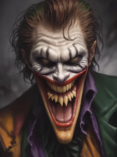 portrait of (Willem Dafoe as The Joker:1.25), wide crazy smile, (((solo))), (Art by Jim Lee, & Zack Snyder), Gotham city background, ragged clothes, dramatic, good anatomy, good proportions, award winning, masterpiece, volumetric lighting, centered, (realistic oil painting:1.2),  