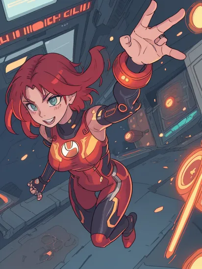 full body of Girl android 20 y.o [, <hypernet:pureerosface_v1:1> ] with the gradient red hair glowing floating, short hair, anger facial expression, [relfect dress, iron man dress, see-through body,
neck glowing, glow shine body, blackcat suit], (high detailed skin:1.5), [shine detail eyes, detailed face, look at viewer, smile, amazing detail, 8k resolution, RTX, best art, sexy,[ background in top-down of buiding, vaporwave
vibe art style, city night, night, glowing led sign, sci-fi, futuristic ], [ ariel view futuristic background], looking viewer, Dark, cyberpunk 2077 style, tron movie, 1girl, perfect finger, medium breast, action movie pose, CGI Background, Galaxy glowing,
portal dimension, iron short, correct eyes, sci-fi ring bracelet on the right hand, multiverse, ready player one, alita, background realistic, futuristic, Array with Dynamic Particles, 3d Futuristic technology style, perfect hand, running pose, action jumping pose,