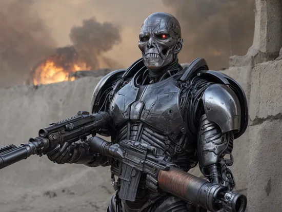 evil terminator man,  with damaged skin and head, using a futuristic weapon, in future war, hyper realistic, highly defined, highly detailed