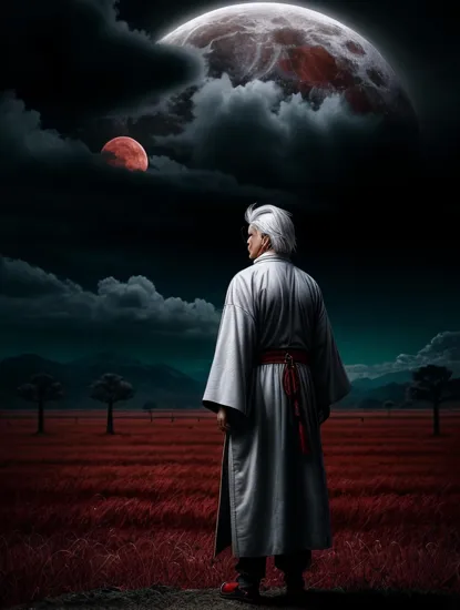 Lone samurai Donald Trump, ((silver hair)), backlit by a blood-red moon, wearing a robe adorned with ominous patterns, a somber yet noble bearing, standing in a field suggestive of a past or forthcoming battle.