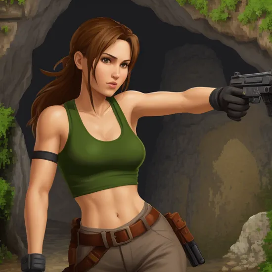 Lara Croft, inside a cave, green tank top, pants, holding a gun, pixelated, ps1 style 