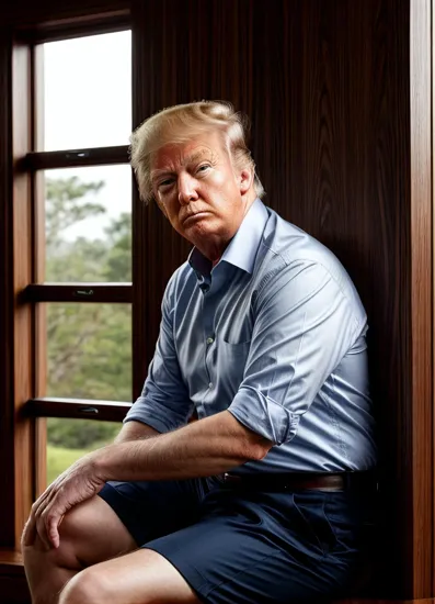 Pensive man Donald Trump, wavy dark hair, piercing blue eyes, unbuttoned white shirt, seated, intense gaze directed off-camera, natural light illuminates his sharp features, indoor setting with minimalist decor, hints of green foliage in the upper right corner add a touch of nature, earth-toned wooden furniture complements the scene, medium shot capturing Donald Trump from the waist up, the composition balances the subject with the surrounding space, warm and inviting atmosphere, the overall image portrays a casual elegance with an underlying contemplative mood.