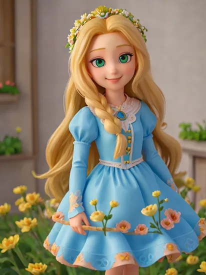 , rapunzel 1girl, blonde hair, long hair, green eyes, very long hair, flower, flowers, looking at viewer, smile, blue dress, (masterpiece, high quality, best quality:1.3), Detailed