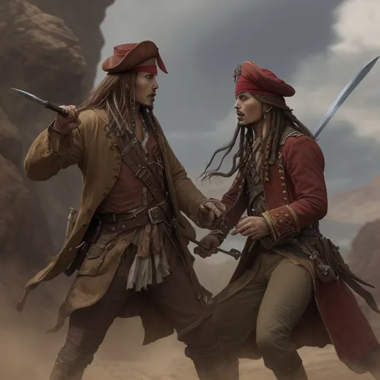 photo of, Establishing shot, man red rockwor soldier and Captain Jack Sparrow duels fighting with British soldier,  n3wp1r4t3, rapier, smoke, fighting, knife, smoke, fighting, on deck, extremely detailed face eyes hands, perfect hands
