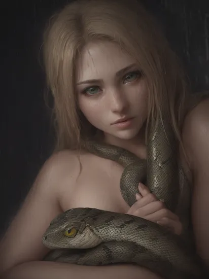 (professional action photography of a gorgeous female snake handler:1.15), (anaconda:1.3), (cuddling with snake:1.4), (posing with snake:1.4), (snake companion:1.3), (friends with snake:1.4), (playing with snake:1.2), (snake head:1.3), (large pet snake:1.35), (highly detailed face and eyes:1.15), (pretty face:1.15), highly detailed hair, (green_eyes:1.2), long blonde ponytail hairstyle, very pale skin, plump lips, attractive features, delicate chin, (best quality, masterpiece, RAW photo, 8k:1.2), (intricate detail, highly detailed, insane detail:1.2), (natural lighting, dark shadows, soft sunlight:1.2), (rain, rainy, downpour:1.3), (wet face, wet hair, wet skin:1.3), (outside, overcast sky, primordial swamp scenery:1.15), solo, 1girl, fantasy style, concept art, sharp focus, bokeh, (ultra high res, ultra high resolution:1.2), (photorealistic, ultra-realistic, hyper-realistic:1.2), soft contour, specular map textures, professional photography, fine-art photography, rule of thirds, macro photography, HDR, Chiaroscuro, unreal engine 5, ue5, trending on artstation, award winning, (centered, wide angle, close up, panoramic, focus on upper body, straight on view:1.2)