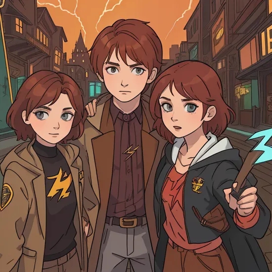 portrait of Harry Potter with brown hair and a lightening bolt on his forehead,   Ron Weasley with red hair,  Hermonie Granger with brown hair, (cyberpunk:1.1), dark, neon colors, gothic, mc escher style painting, 3 people