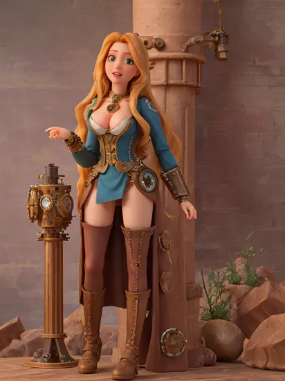  Rapunzel in a tall steampunk tower, ultra quality, hires, detailed face, (steampunk background:1.5), (full body long shot:1), (steampunk dress split at hip:1), cleavage, exposed thigh, masterpiece, 8k, RAW photo, mechanical parts, very long hair, photorealistic, ultra realistic, (cinematic lighting:1), highly detailed eyes, highly detailed skin, depth of field, dynamic pose, (nsfw:1)