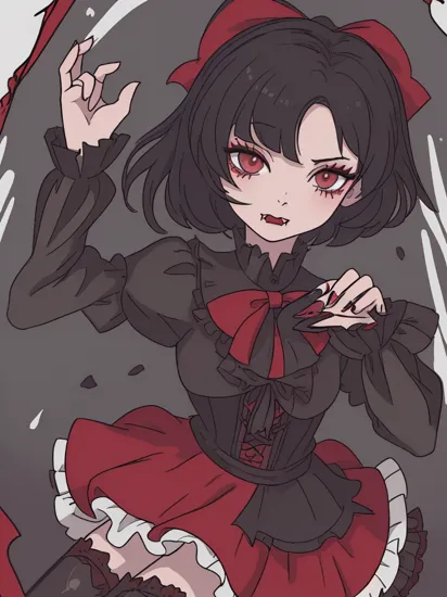 (dark persona, alice in wonderland style:1), (Snow White, short black hair, pale:1.2), (gothic vampire wonderland dress:1.2), (latex gloves, multilayered dress:1), (shiny glossy translucent clothing, gleaming oily latex fabric:1.1), bloodlight, (gothic boots, fishnet stockings:1.2), (many frills, big bow, lace:1.3), (glossy blood-red lipstick, eyeshadow, mascara, dark makeup:1.2), (blood, vampire fangs, bloody hands, bloody dress:1.1),