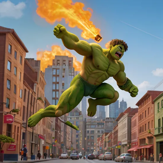 hulk, angry, photorealistic full-body shot, leaping through the air, streets, day, dynamic composition, dramatic lighting, intricate details, masterpiece, absurdres, best quality, realistic, Highest Quality, (diffused soft light), dramatic lighting, highly detailed photo 