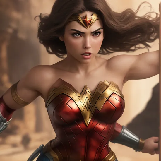 femalefigurine, wonder woman, action shot, solo, 1girl, dynamic pose, flawless, RAW, focus on shoulder, medium close up, shoulders up, plain background, model photograph, on display, high detail, insane detail, standing on base 