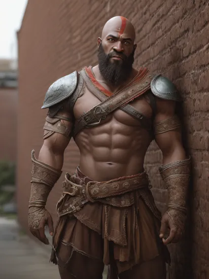 RAW photo of a 33 y.o black man, god of war cosplayer, ((wearing a kratos costume)), average looking person, (dark skin), bald, (long beard), (detailed face), fit body, ((half body)), flexing shirtless, standing in front of a brick wall, (high detailed skin:1.2), 8k uhd, dslr, soft lighting, high quality, film grain, Fujifilm XT3, analog style