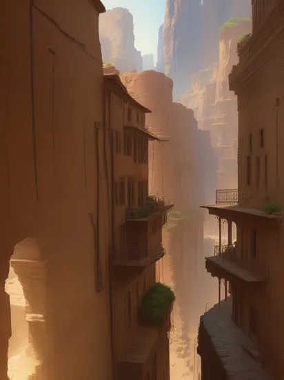 arabic ancient city in canyon, narrow street, unrealistic building, (by Martin Deschambault:1.0), indiana jones setting, beautiful art work, rich cinematic quality, dramatic light,